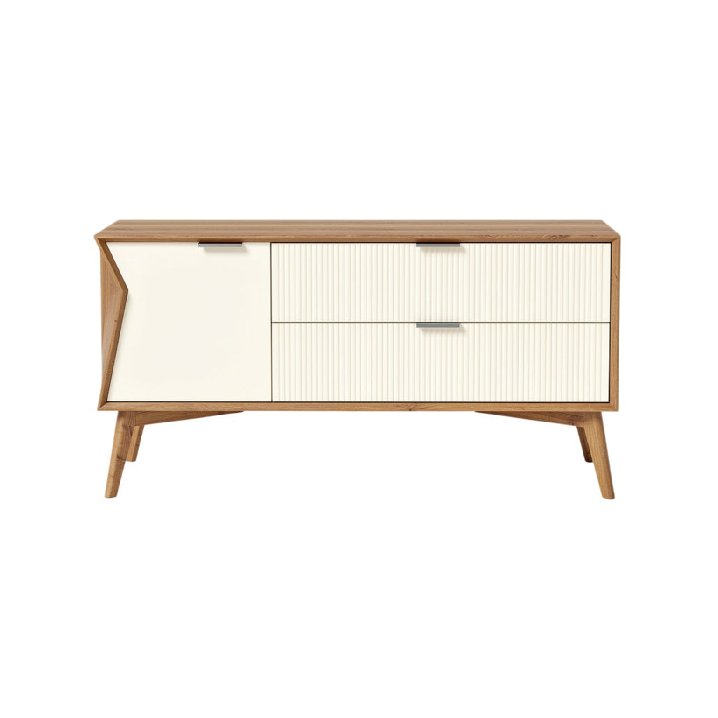 Mid-Century Modern Wooden TV Stand with White Textured Drawers