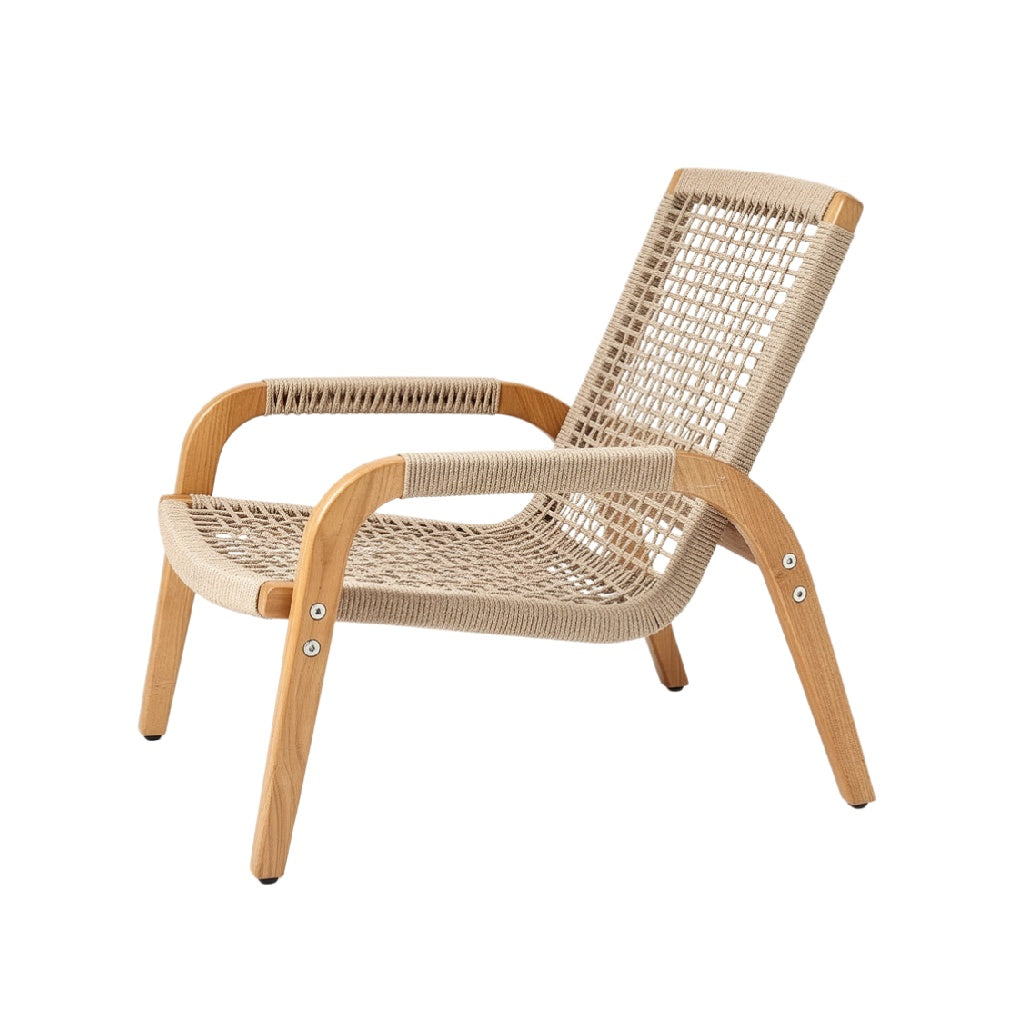 Modern Minimalist Lounge Chair with Natural Wood Frame and Woven Rattan
